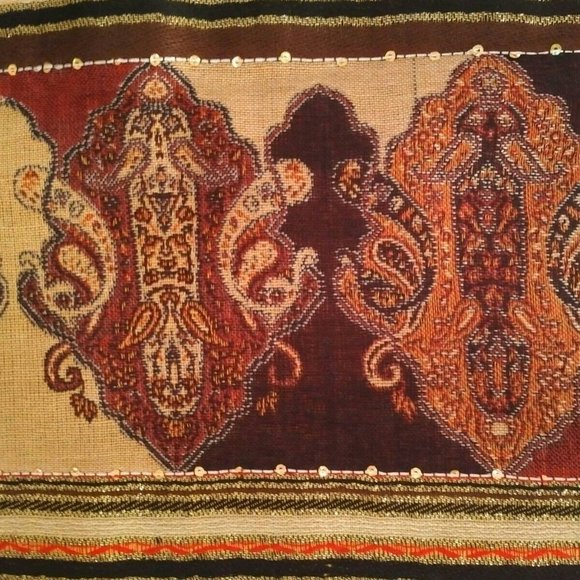 NEW Pashmina Scarf/Wrap in Gold, Cinnamon & Brown, Sequin Trim; Fringed Edges - Picture 5 of 6